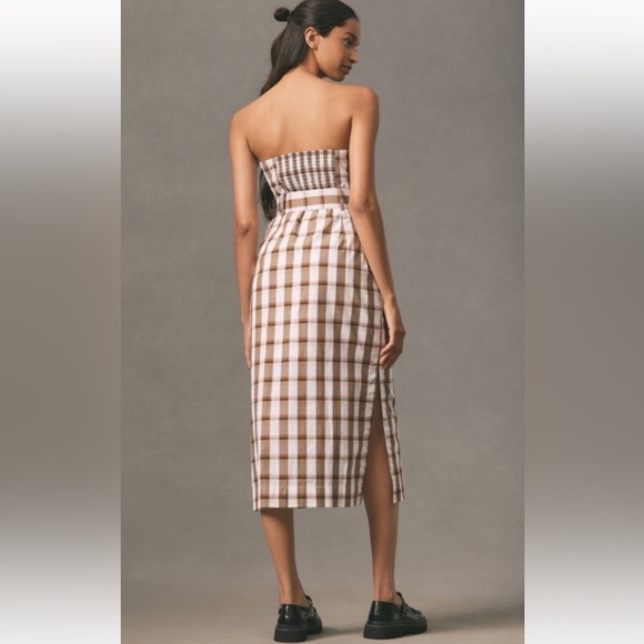 NWT Anthropologie size XL Strapless Brown & White Gingham Belted Midi Dress - Picture 3 of 12